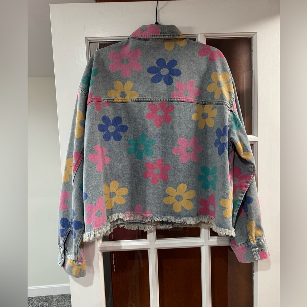 Peach Love Colorful Floral Denim Jacket with Frayed Hem - Picture 2 of 2